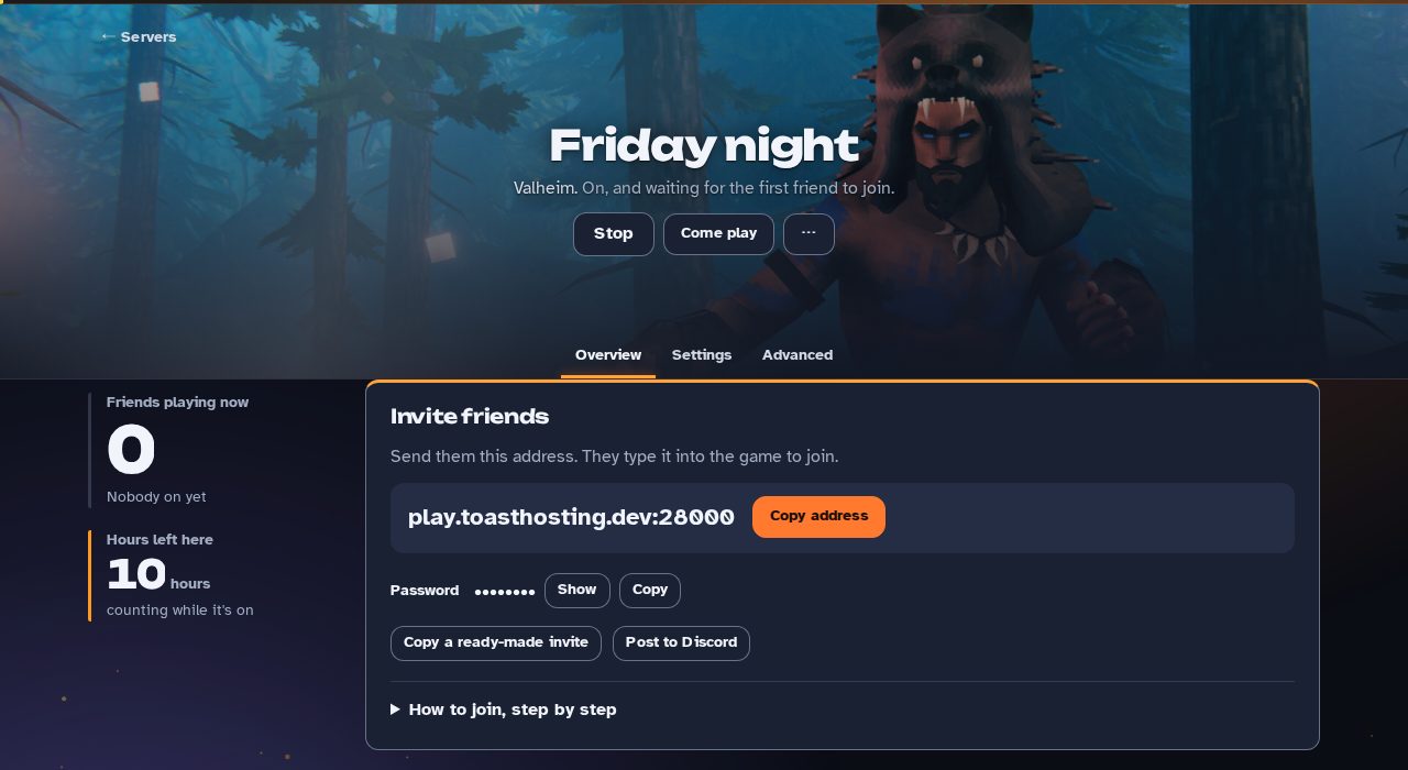 The server page once it's on: the address to join with and the password, ready to copy
