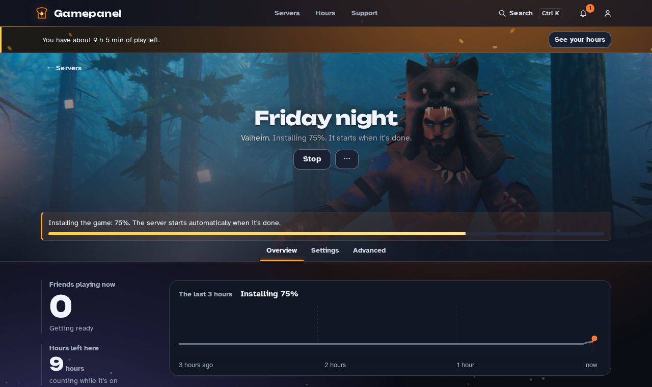 The server page while the game installs, with the progress bar